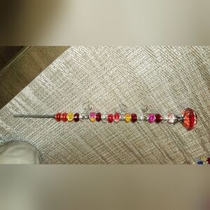Hand Crafted Vibrant Beaded Rose With Heart Dangle Charms Plant/ Garden Stake.